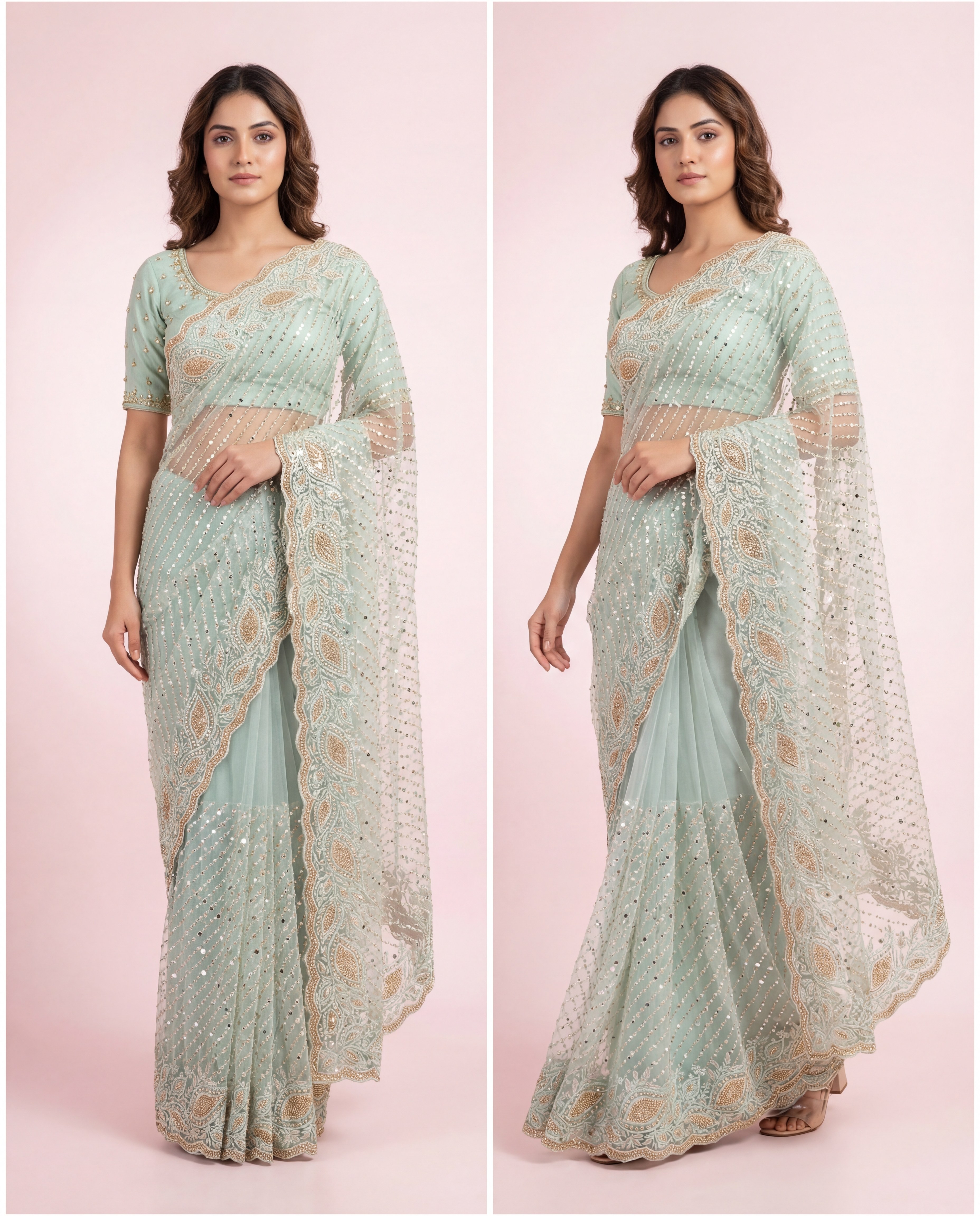 Net Embellished Saree with Mirror Work