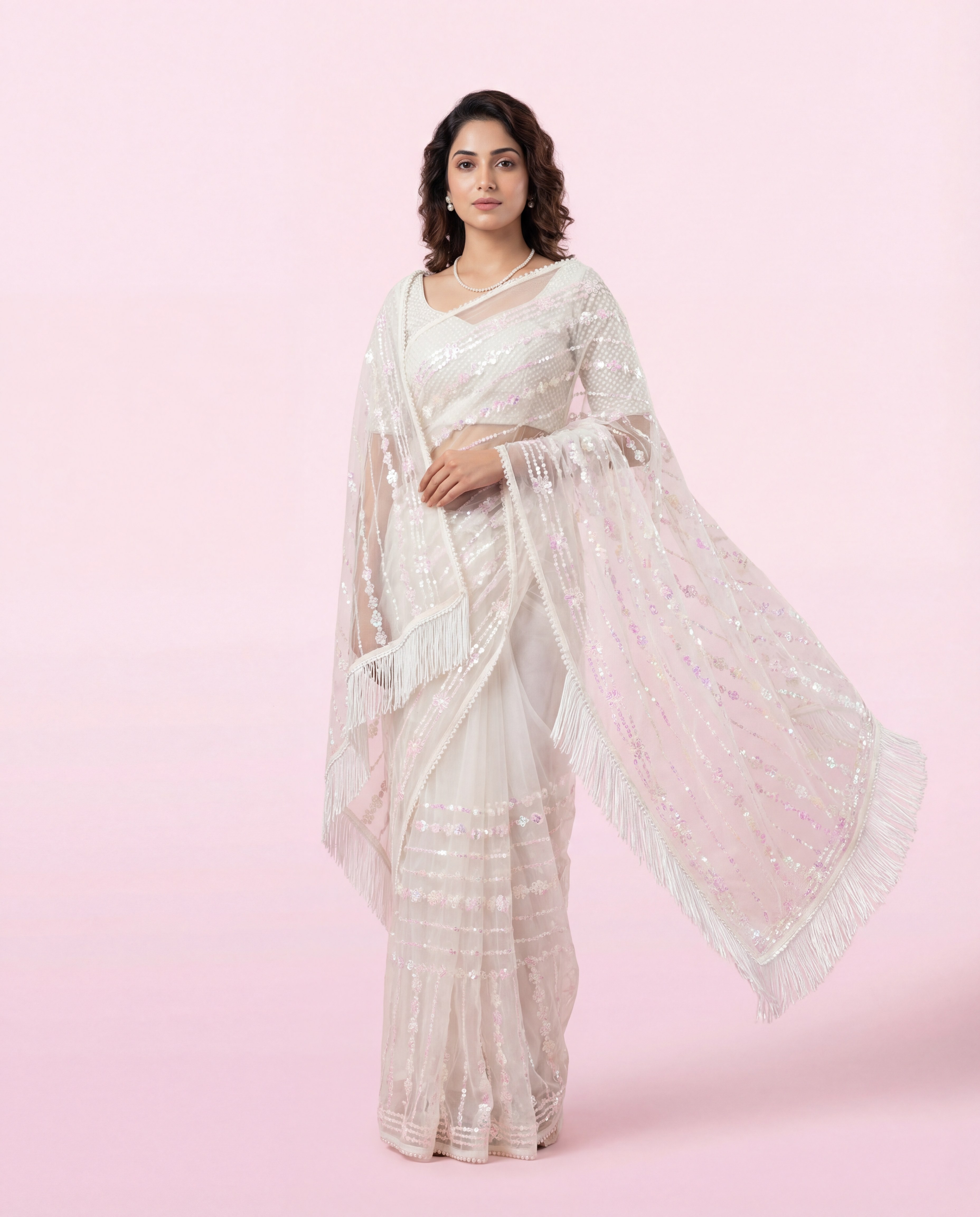 Ivory Shimmer Net Saree with Fringe Pallu