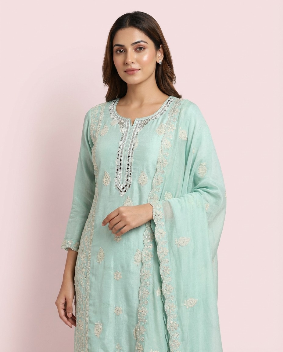 Mint Green Mirror & Thread Embroidered Kurta Set with Dupatta