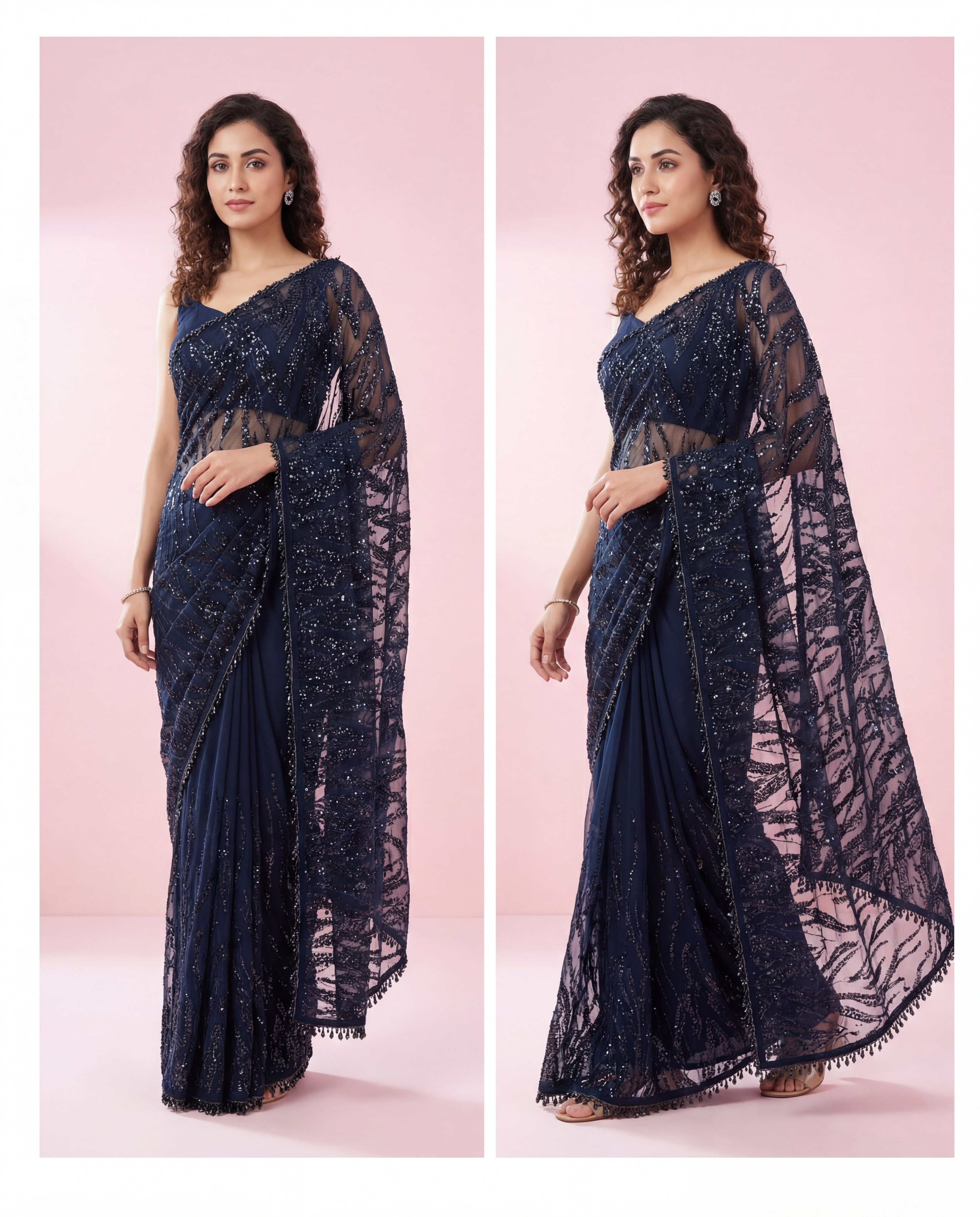 Navy Blue Net Saree with Crystal Lace & Cut Dana Work